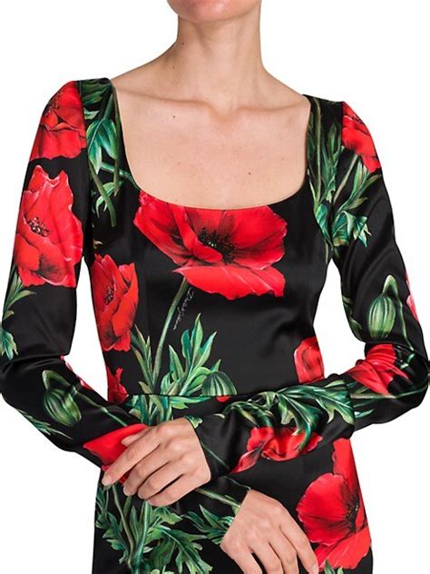 DOLCE&GABBANA Satin Poppy Print Midi Dress 